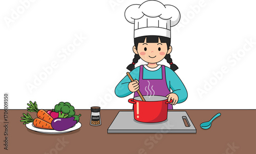 Cartoon chef cooking vegetables, person wearing hat and apron, stirring pot with steam, healthy food preparation, kitchen scene, cad drawing flat vector illustration