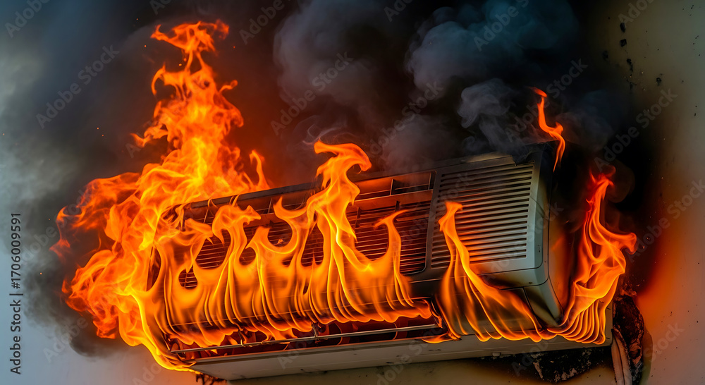 Obraz premium Air conditioner unit engulfed in intense flames and dark smoke from an electrical malfunction