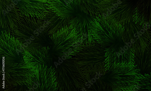 Green pine needles pattern on dark background. artistic natural background.