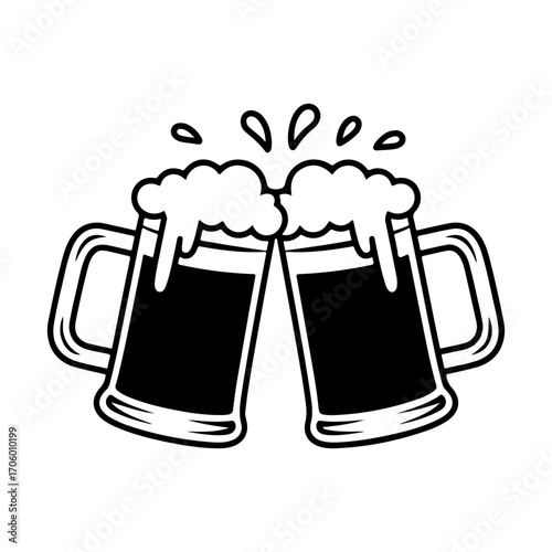 Two mugs of beer clinking together with splashing foam celebrating festive occasion vector