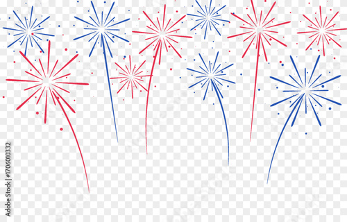 Vector red and blue fireworks png. Simple fireworks with sparks on transparent background. Christmas holiday background.