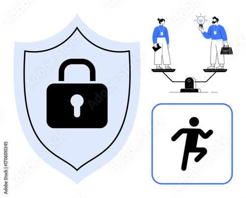 Shield with padlock for security, business duo balancing ideas on scale, and running figure. Ideal for cybersecurity, teamwork, progress, risk balance, innovation, protection simple flat metaphor