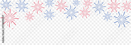 Vector red and blue fireworks png. Simple fireworks with sparks on transparent background. Christmas holiday background.