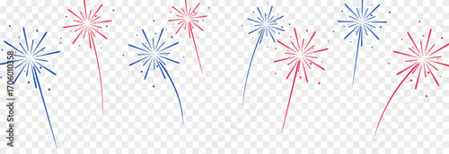 Vector red and blue fireworks png. Simple fireworks with sparks on transparent background. Christmas holiday background.