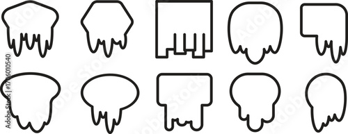 A set of outlined icons featuring a melting or dripping effect. The collection includes various top shapes like a shield, hexagon, and square, symbolizing concepts of decline, breakdown, or loss.