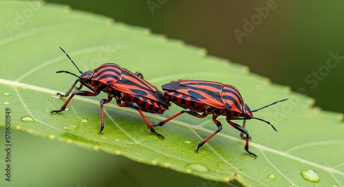 Two Red Striped Bugs Mating on a Green Leaf.