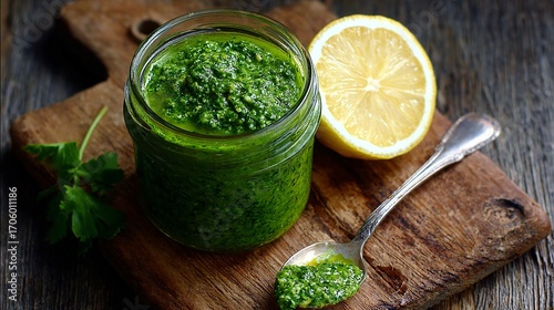 Close up of pesto in jar with lemon and spoon on cutting board