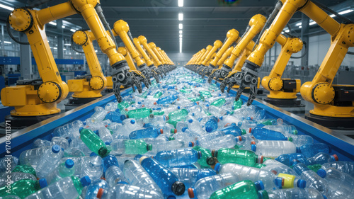 Robotic arms sorting plastic bottles on recycling conveyor