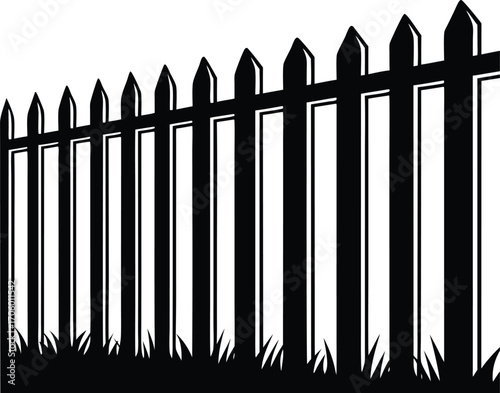 Black Wooden Picket Fence with Grass wooden fence white background