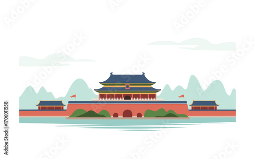 Simplified Illustration of Tiananmen Gate in Beijing, China, Featuring Traditional Architecture, Walls, Water, and Mountains in a Minimalist and Clean Flat Design Style
