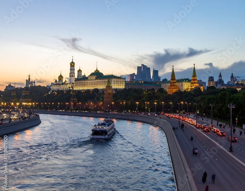 Moscow Kremlin at twilight, river view