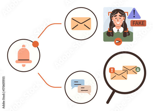 Warning bell, speech bubbles, fake profile with alert sign, and magnifying glass over scam emails. Ideal for cybersecurity, scam detection, online safety, email phishing, fake identities alert