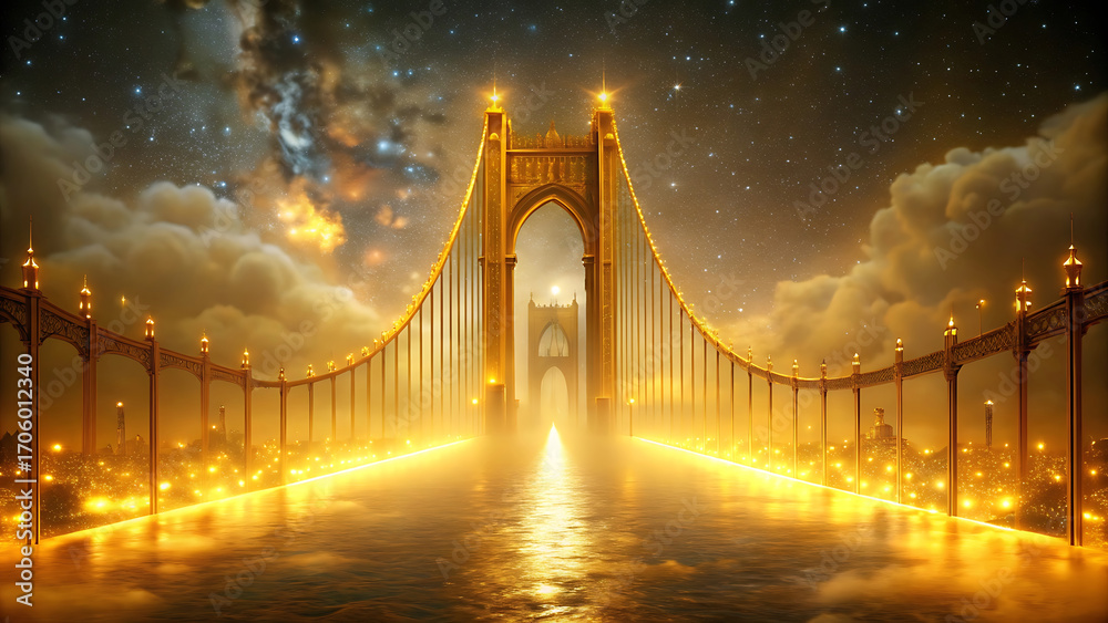 Fototapeta premium Luxury glowing golden bridge in dreamy night mist futuristic illuminated landscape