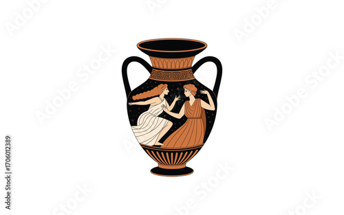Ancient Greek Vase with Two Figures, Illustration of Classical Art and Pottery, Mythological Scene Depicting Two Women in Traditional Garb on White Background.