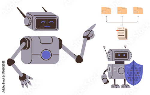 Two robots managing data files with a hierarchy structure. One robot points to folders, the other holds a shield emphasizing security. Ideal for automation, AI, cybersecurity, data management