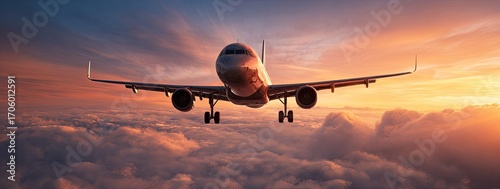 Airplane flying above colorful clouds at sunset