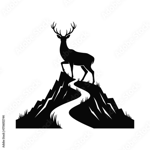 Stag Silhouette Illustration on Mountain Peak with Winding Path Landscape Vector Design