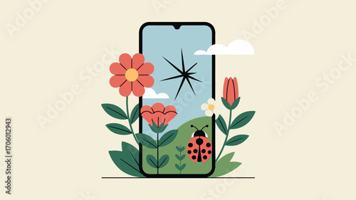 Digital Detox Concept — Smartphone Growing Flowers, Nature Reclaiming Tech, Flat Vector for Eco Wellness and Mindful Living
