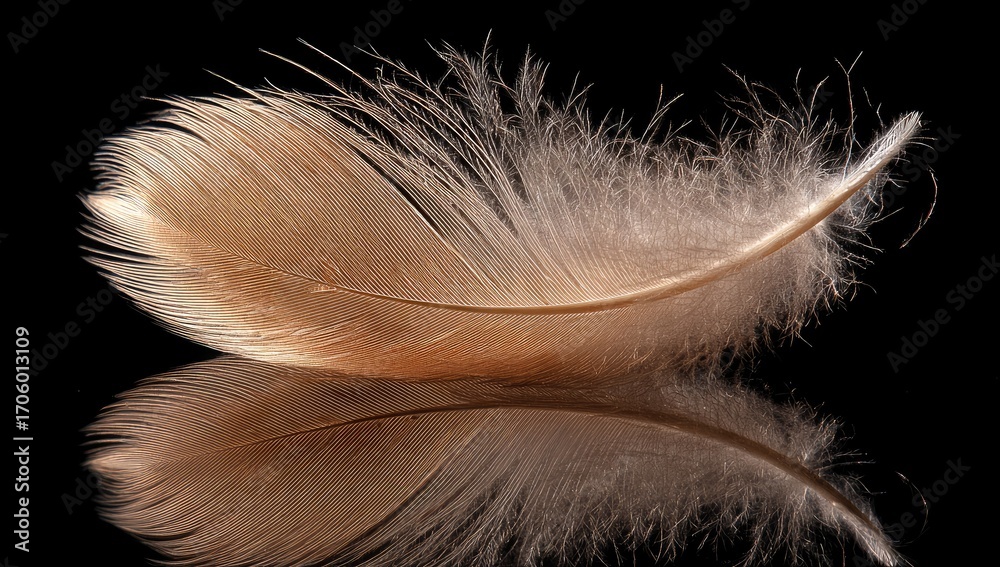 Obraz premium Close-up feather, reflected on black surface