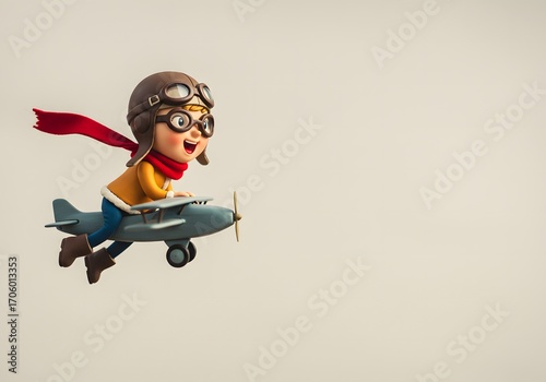 Young girl flying toy airplane in aviator gear with red scarf  