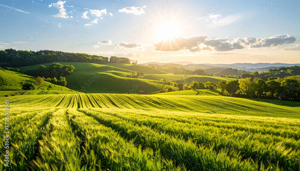 Obraz premium Green Fields in the Countryside at Sunset