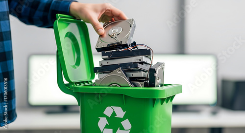 Hand placing old computer hard drives into a green recycling bin with a recycle symbol