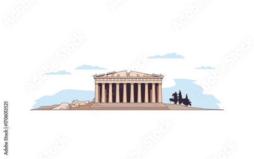 Illustrated Parthenon in Athens, Greece: Iconic Ancient Greek Architecture and Historical Landmark against a Cloudy Sky, Cultural Symbol and Tourist Destination for Travel Content