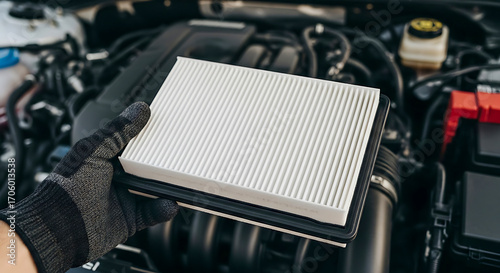 Hand in glove holding new car air filter above open engine bay for maintenance