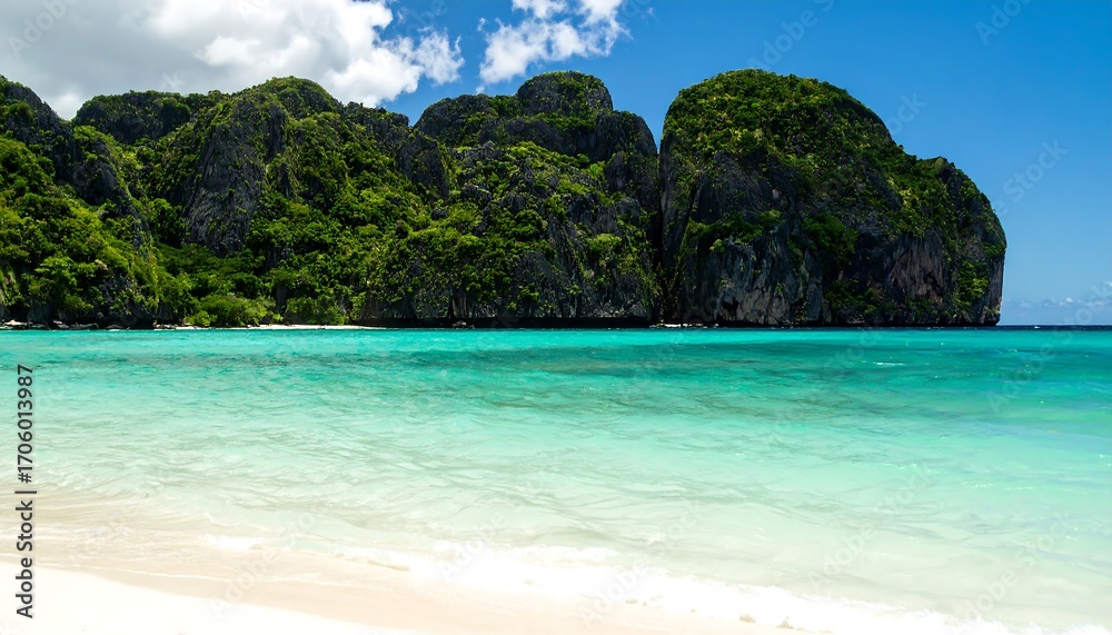 Obraz premium Tropical beach with lush mountains