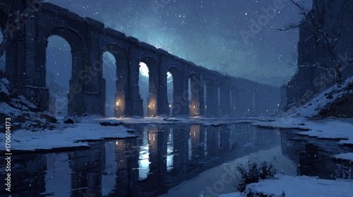 Ancient stone bridge at night, snow-covered landscape