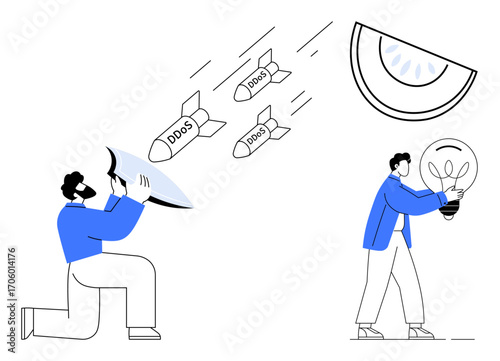 Man using shield to block incoming DDoS attacks while another carries a large glowing light bulb. Ideal for cybersecurity, innovation, protection, teamwork, strategy, problem-solving, online threats