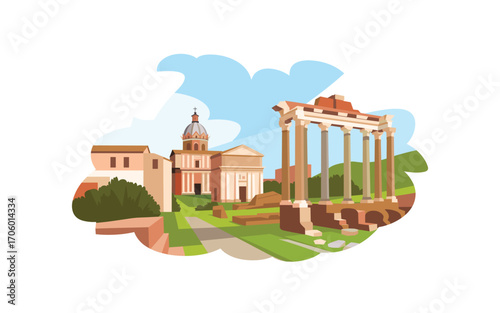 Roman Forum Illustration: Ancient Ruins, Temples, and Historical Landmarks of Rome Under a Blue Sky with Clouds, Ideal for Travel and History Themes