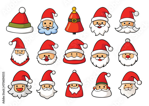 Vector art of set of diverse cartoon santa claus faces and a christmas tree bell