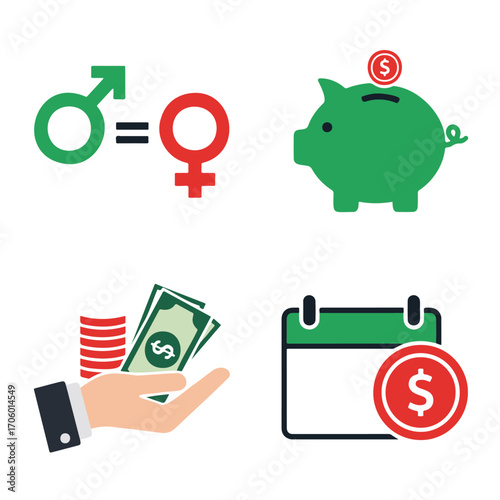 A set of icons representing financial concepts, including gender equality, saving, and budgeting.  A male and female symbol, a piggy bank, money in hand, and a calendar with a dollar sign
