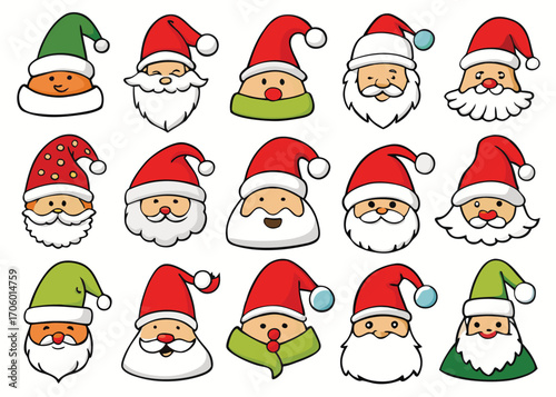 Vector art of assortment of cheerful cartoon santa claus faces with hats