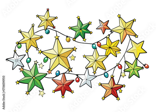 Vector art of a string of colorful starshaped christmas lights and ornaments