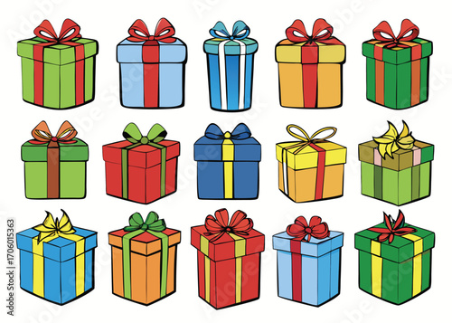 Vector art of assortment of festive gift boxes with ribbons and bows, isolated on a, ideal for seasonal greetings and giftgiving
