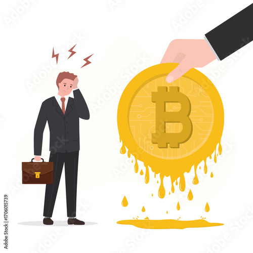 Digital coins have lost their value. Investor hand holding melting bitcoin coin. Unhappy trader with loss. Bitcoin price collapse, cryptocurrency volatility price. Crypto crisis.