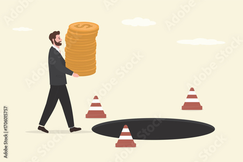 Blind investment concept, businessman carrying money stacks walk to business trap. Credit pit hole, business trap. Possible failure, mistake causing troubles. debt pitfall.