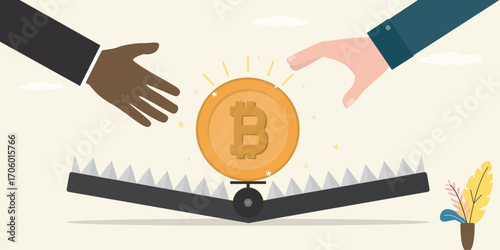 Businessmen hands reaches for bitcoin in animal trap, risk from investment in crypto industry. uncertainty in crypto blockchain, trader risks falling in trap and getting trouble.