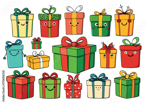 Vector art of a collection of cute, cartoon gift boxes with faces