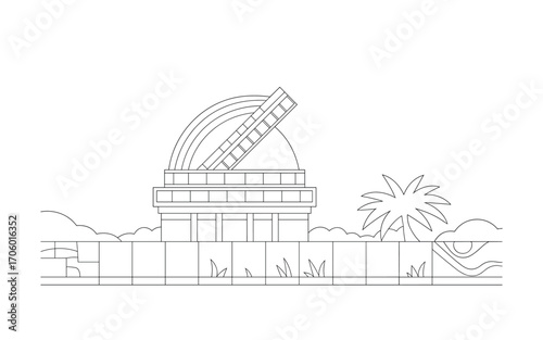 Astronomical Observatory Outline Illustration: A Line Art Depiction of Space Exploration, Science, Research, and Tropical Landscape Elements with Palm Tree Silhouette.