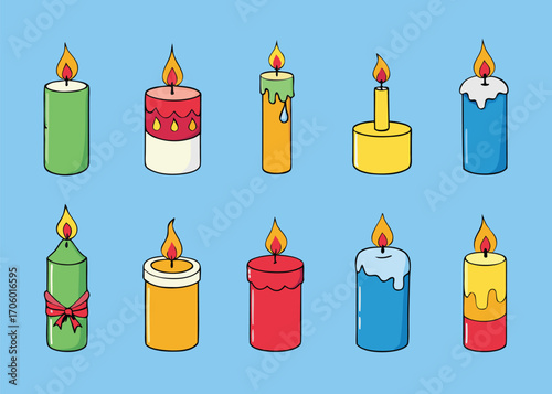 Vector art of a collection of simple, cartoon candles with flames, isolated on a blue background