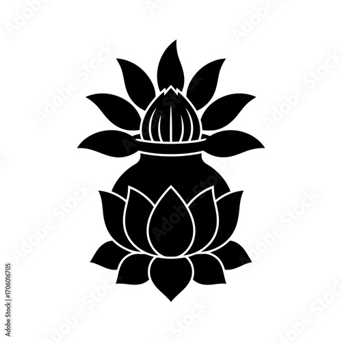 Vector art of elegant black silhouette of a kalash with coconut and lotus, , symbolizing purity and spiritual awakening