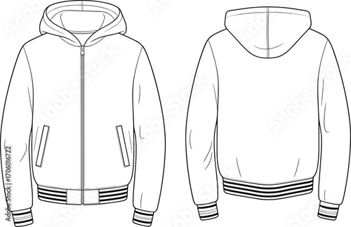 Vector hoodie jacket technical sketch front and back view, fashion flat sketch, hooded bomber jacket design template, streetwear style outerwear illustration