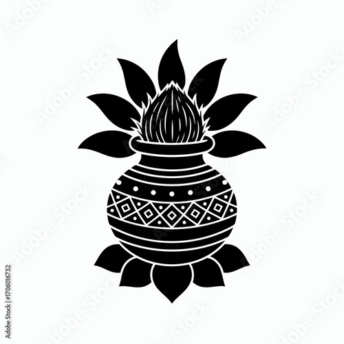 Vector art of auspicious kalash with coconut and leaves, a symbol of prosperity and good fortune, represents hindu traditions