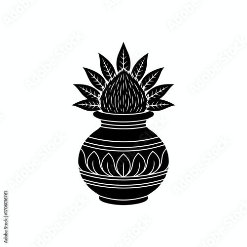 Vector art of traditional kalash with coconut and leaves, a symbol of abundance and spiritual growth, represents hindu beliefs