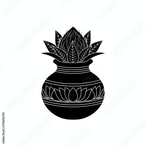 Vector art of traditional kalash with coconut and leaves, a representation of creation and the source of life in hindu culture