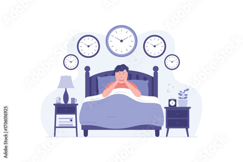 Sleepless Night: Young Man Struggling with Insomnia, Clocks Symbolizing Time Passing, Depicting Stress and Anxiety, Ideal for Health, Wellness, and Sleep-Related Content.