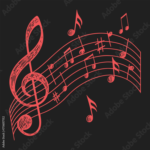 Red Music Notes and Treble Clef on Wavy Staff – Hand-Drawn Vector on Black Background for Creative Art, Posters, and Music Themes. Unique and Expressive Design. Fully Editable and Scalable Graphic.